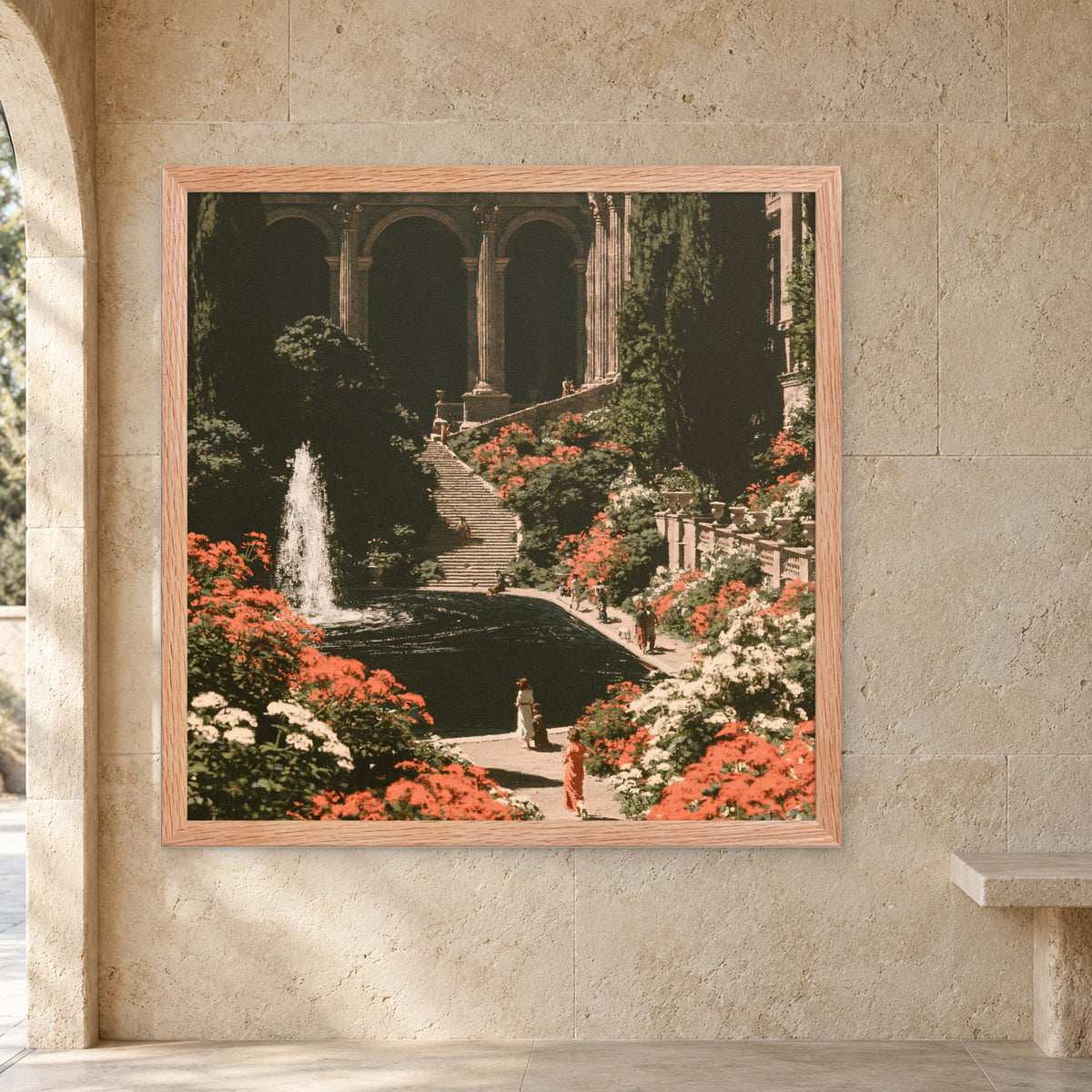 Manicured Empire framed poster, Red Oak / 18″×18″, in an illustrative limestone breakfast nook setting.